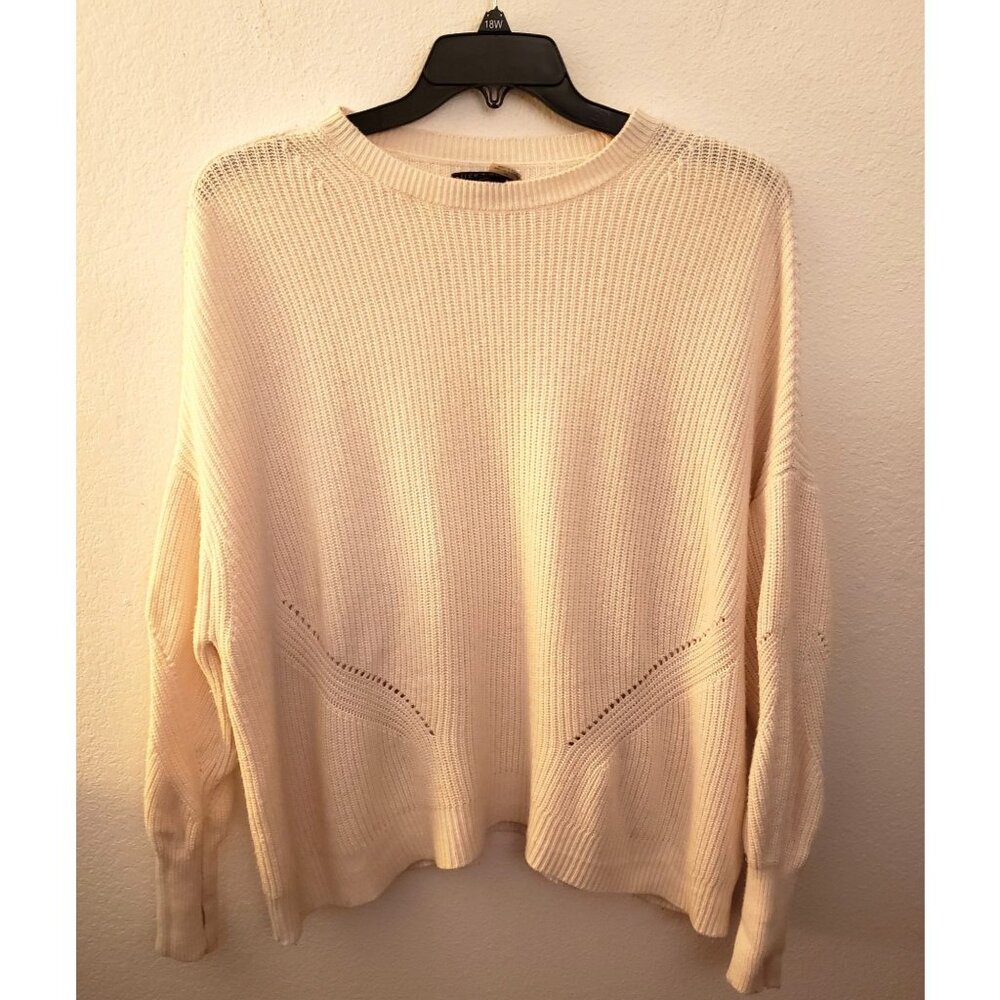 Alice + Olivia Cream Ribbed Knit Oversize Drop Shoulder Sweater Thumbholes S EUC